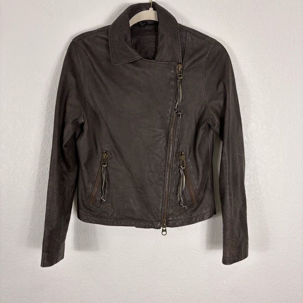 Roots Brown 100% Leather Collared Asymmetrical Zip Moto Jacket Women's Size 8
